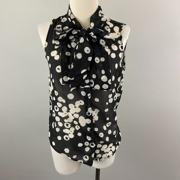 ANN TAYLOR LOFT Black Polka Dot‎ Blouse with Tie - Picture 2 of 8